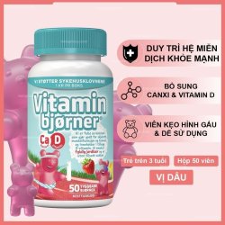 Kẹo dẻo bổ sung VITAMIN D3 và CANXI cho bé Bjorner hình chú gấu Na Uy - Vị dâu - Hộp 60 Viên